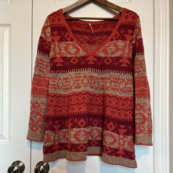 Free People Alpaca Wool Blend V-neck Aztec Boho Sweater Sz XS - Picture 12 of 12